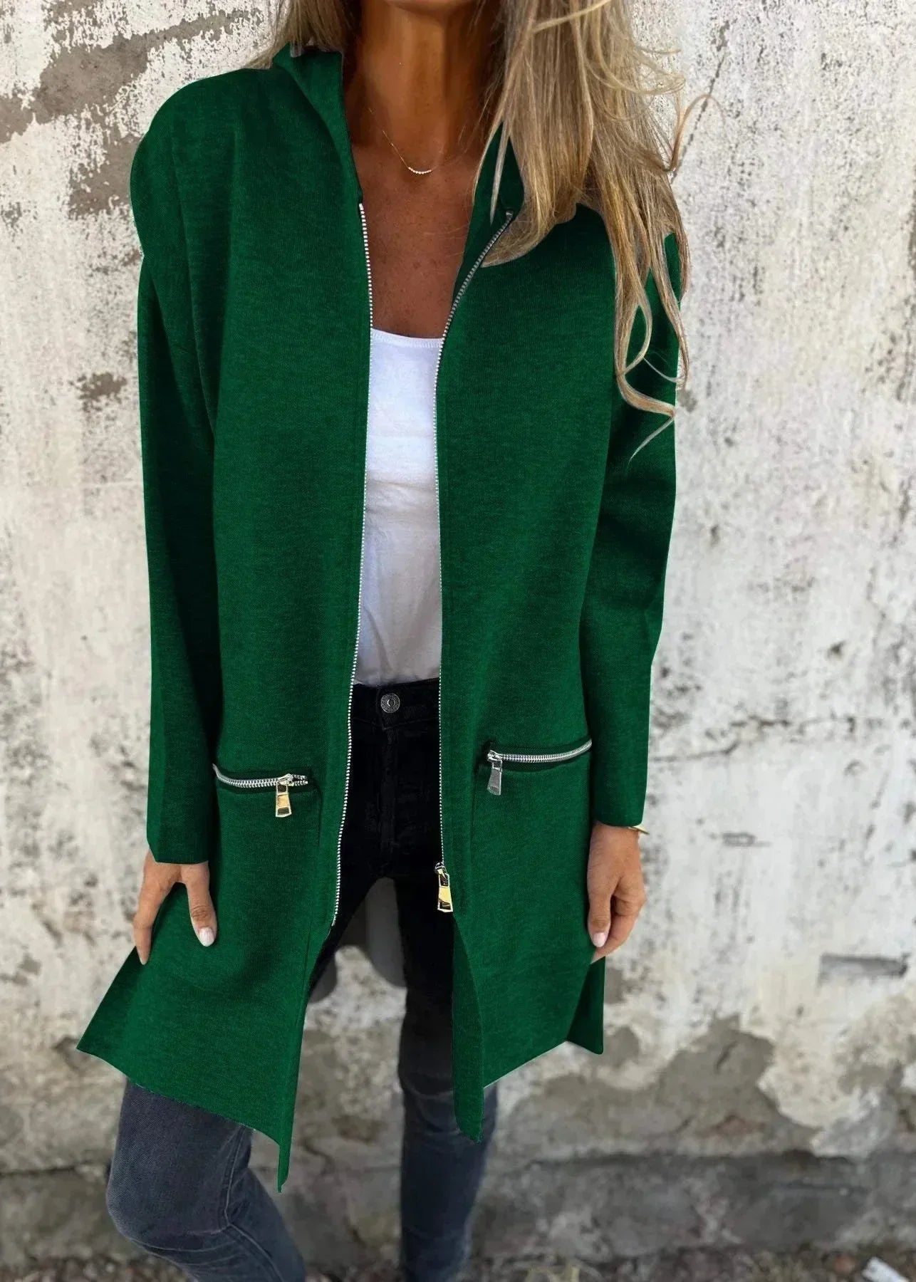 Jasmine ~ gilet long zippé à coupe ample & détails pratiques