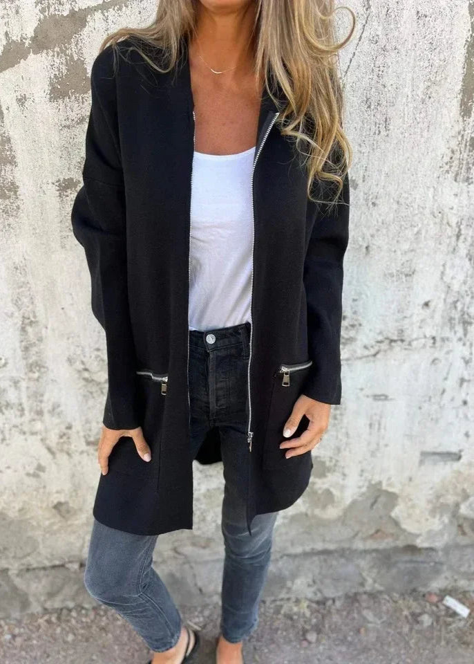 Jasmine ~ gilet long zippé à coupe ample & détails pratiques