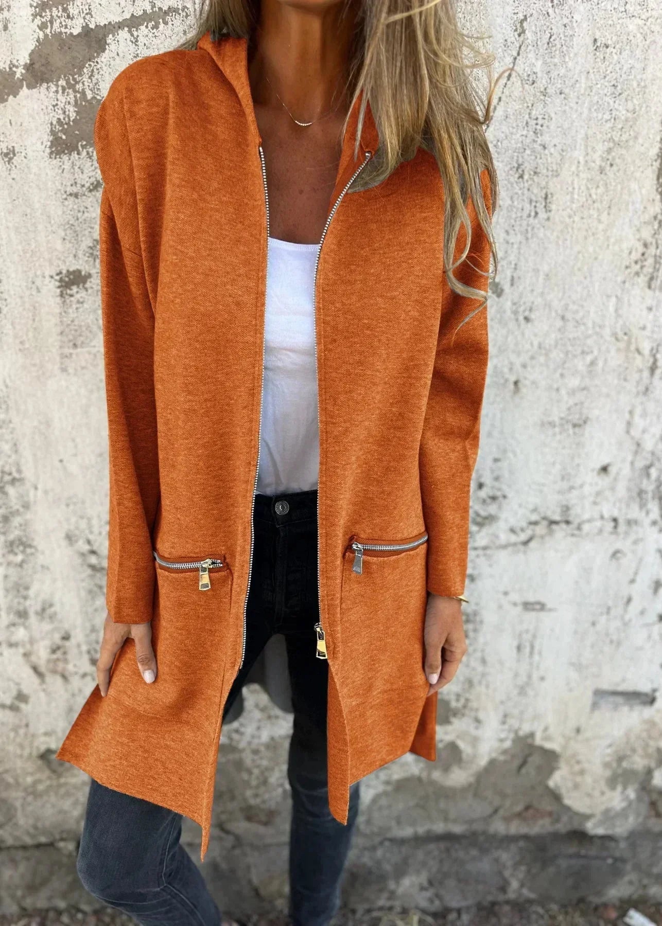 Jasmine ~ gilet long zippé à coupe ample & détails pratiques