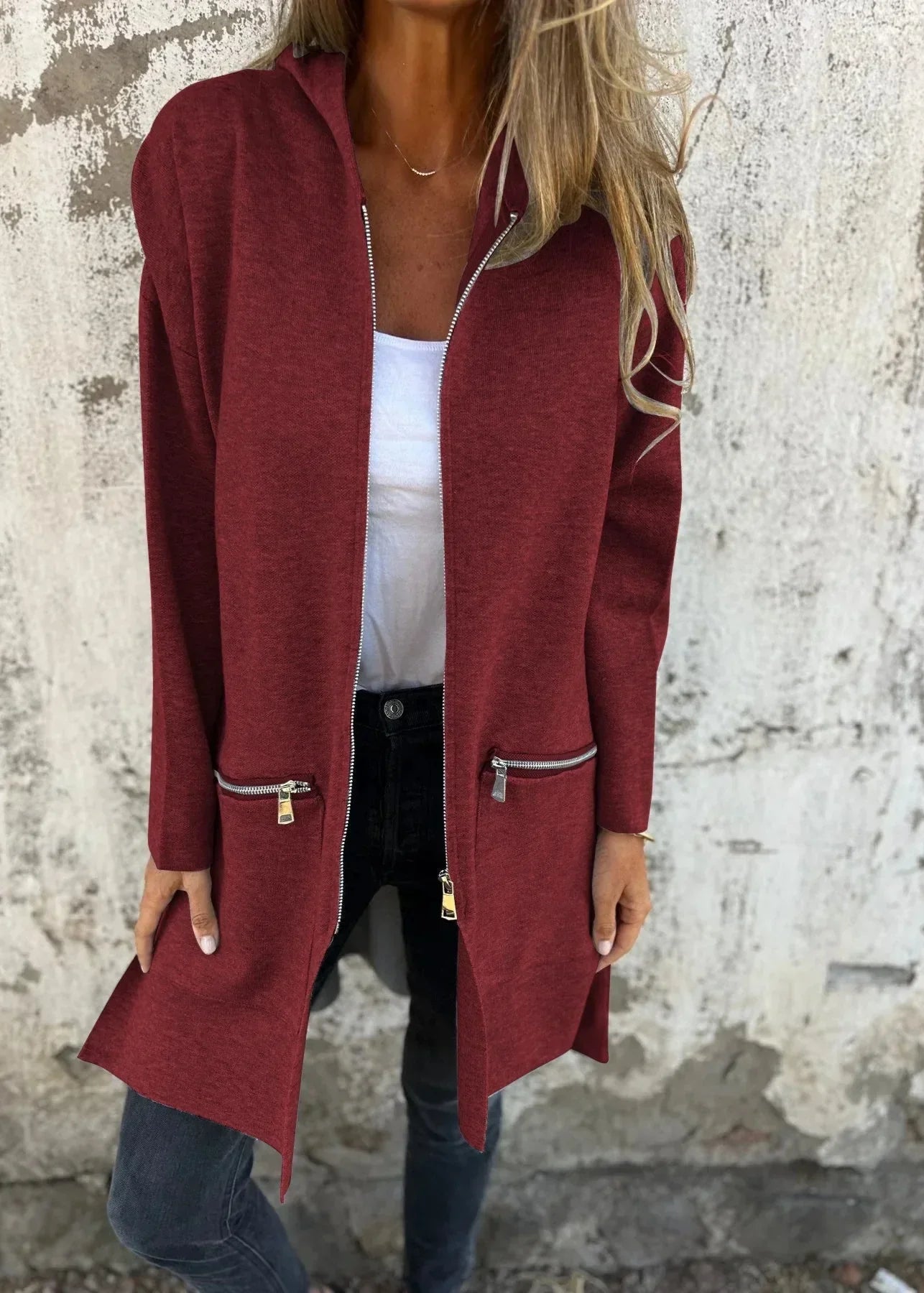 Jasmine ~ gilet long zippé à coupe ample & détails pratiques